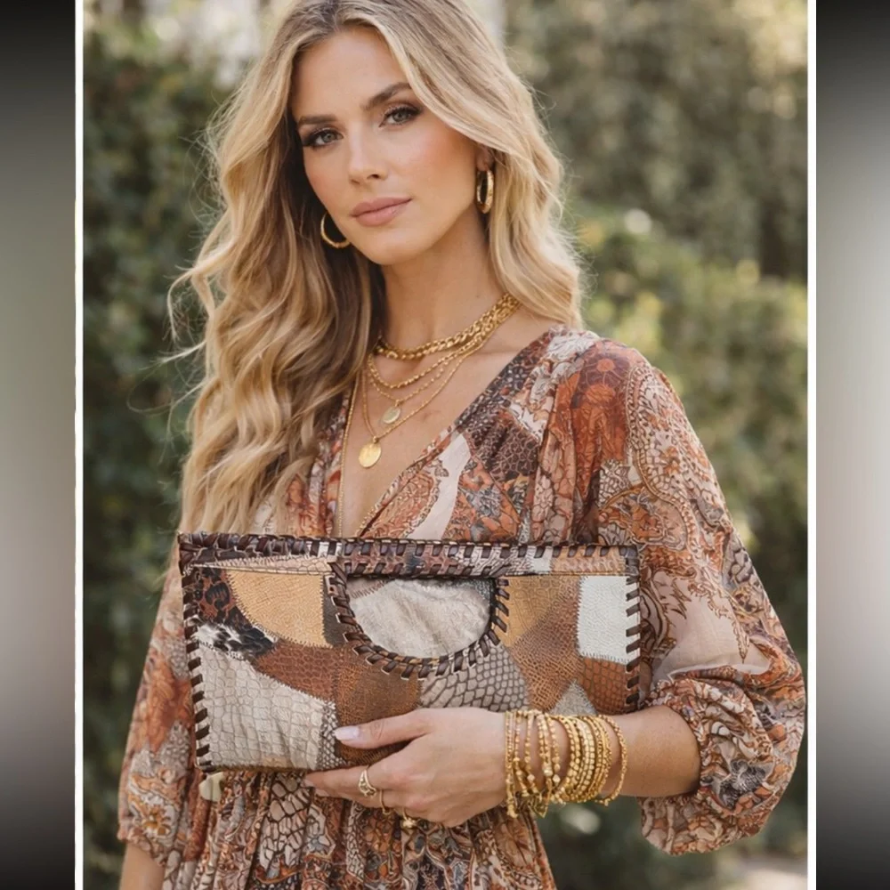 Convertible Boho Tote Clutch | Foldover Bag | Leather Trim Textured Fabric - Picture 4 of 4